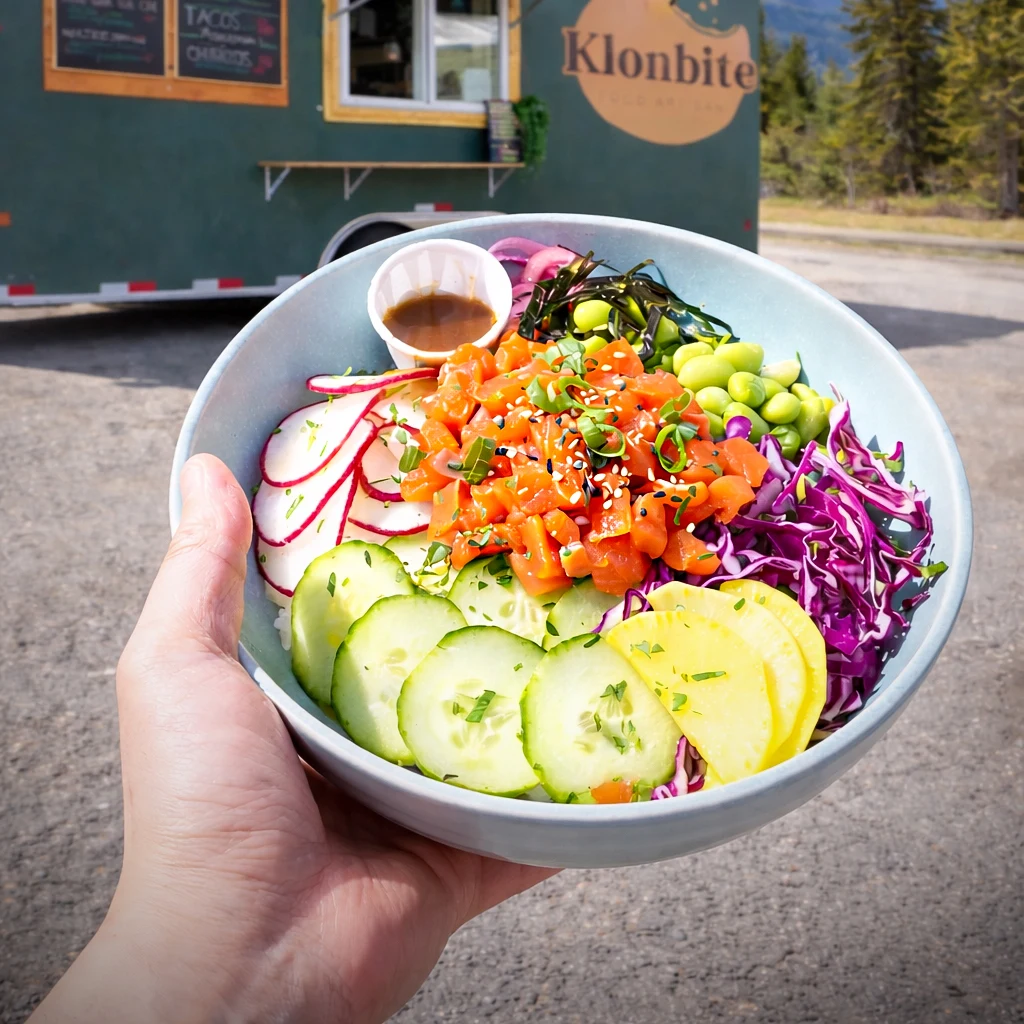 Salmon poke bowl is a must-eat food from Klonbite food truck Whitehorse Yukon